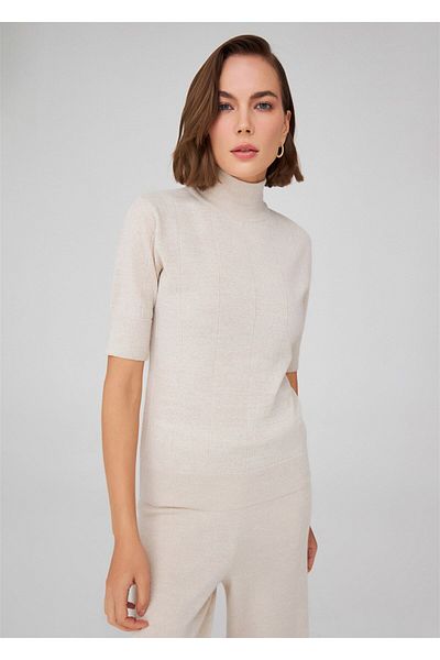 Peraluna Betty Blouse - ζιβάγκο, κοντό μανίκι, λεπτό σχέδιο, γυναικεία πλεκτή μπλούζα Ecru Melange