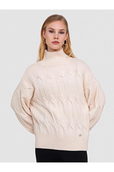 Serianno Kaşmir Karışımlı Kablo Örgü Dik Yaka Kazak KZK6714 KEMIK