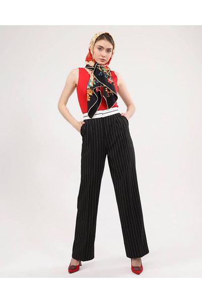 OUZ Fashion Women's Striped Belt Detailed Palazzo Trousers