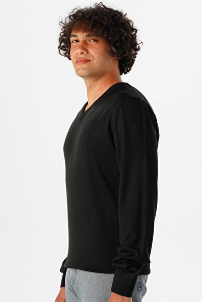 SÜVARİ Süvari Rahat Kalıp Yünlü Düz Siyah V Yaka Triko