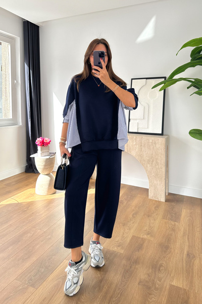 BİRCANÇİL طقم بنطلون سويت شيرت مودال مزين باللون الأزرق الداكن من Sevsan