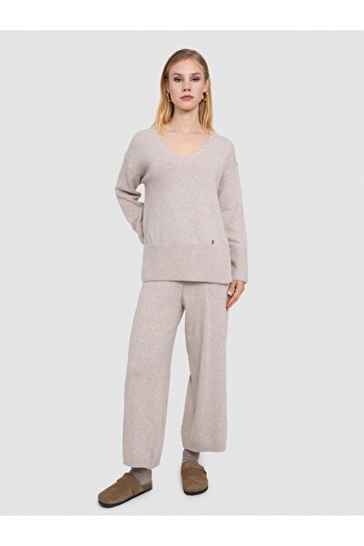 Serianno Organik Yün Ve Pamuk Karışımlı Şerit Örgü Detaylı Bol Paça Pantolon Pnt7090bej