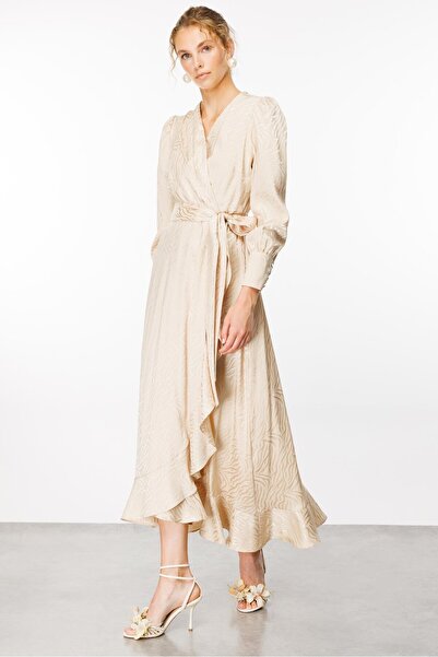 Moda İlgi Stone Colored Fashionable Jacquard Double Breasted Dress