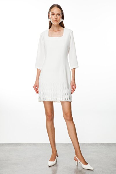Moda İlgi Modailgi  İnci Detaylı Kare Yaka Mini Elbise Ekru
