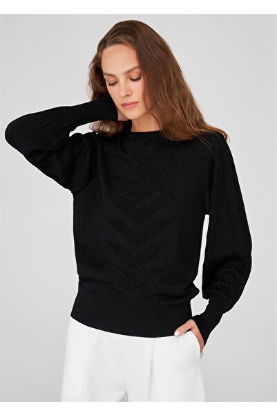 Peraluna Pleated Sleeves Crew Neck Glitter Evening Dress Women's Knitwear Blouse - Black