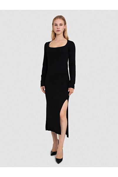 Serianno Kare Yaka Metalik Ipli Streç Elbise Elb7260sıyah