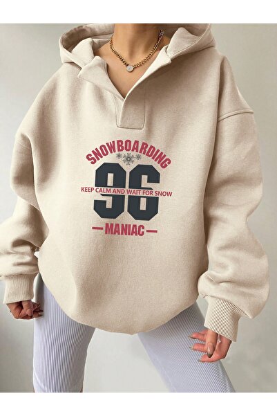 Deocept سويت شيرت كبير الحجم مطبوع عليه قلنسوة باللون البيج للجنسين