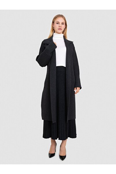 Serianno Kaşmir ve Yün Karışımlı Kuşak Detaylı Cepli Hırka HRK8642KOYUANTRASIT