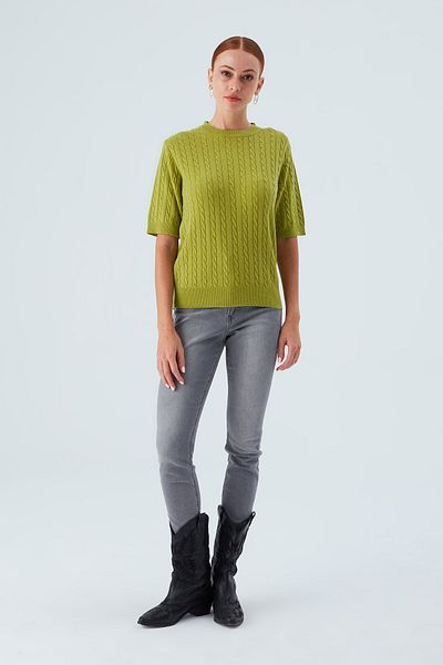 Peraluna Green Nicole Blouse - تصميم تريكو نسائي بأكمام قصيرة وكشمير مع ضفائر شعر
