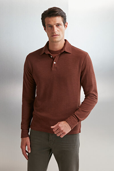 GRIMELANGE Pánské tričko Tremont Polo límec Slim Fit cihlové barvy – 100% organická bavlna