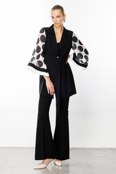 Moda İlgi Black Polka Dot Patterned Modailgi Long Jacket - Athlete