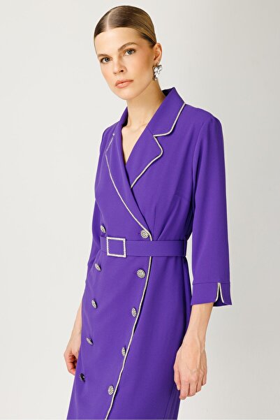 Moda İlgi Modailgi Stripe Stone Detailed Double Breasted Dress Purple