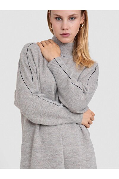 Serianno Yün Karışımlı Şerit Detaylı Dik Yaka Tüylü Elbise Elb5192acık Vızon