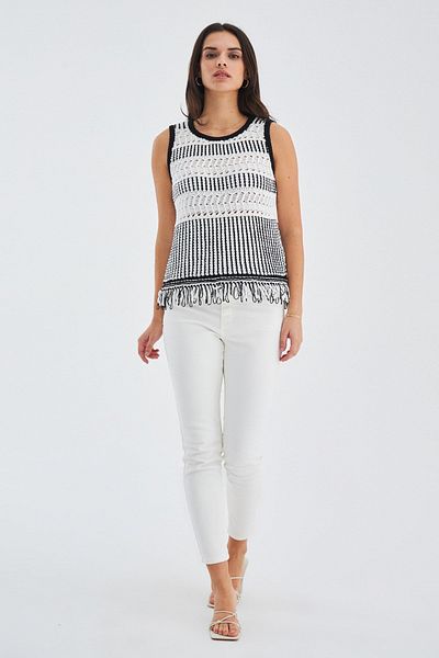 Peraluna Kıyo Blouse Tassel Detailed Sleeveless Summer Women's Knitwear Blouse - Ecru/Black