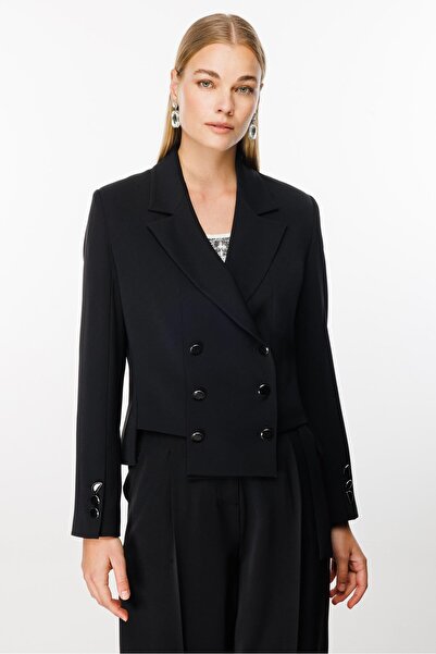 Moda İlgi Modailgi  Simetrik Kesik Detaylı Kısa Astarlı Ceket Siyah