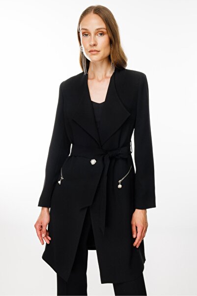 Moda İlgi Modailgi  Şal Yaka Belden Kuşaklı Uzun Ceket Siyah
