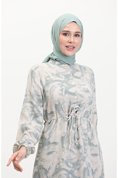 sefamerve Buttoned Front Lace up Linen Dress 0520A-01 Beige Green