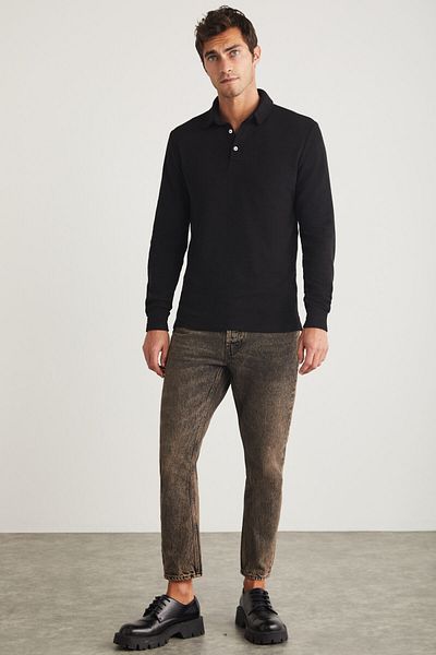 GRIMELANGE Ανδρικό μπλουζάκι Tremont Black Polo Neck Slim Fit - 100% οργανικό βαμβάκι, μακρυμάνικο