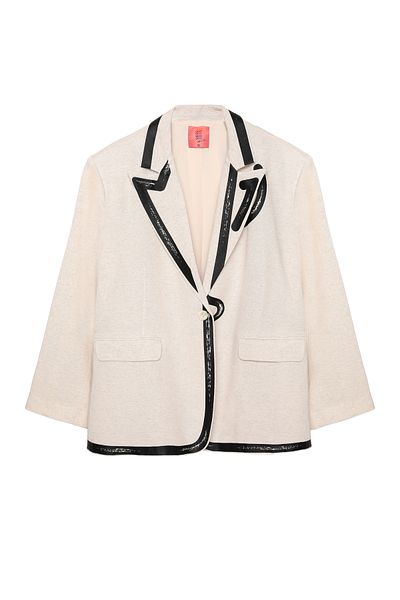 Quzu Print Detailed Linen Blazer Jacket Natural