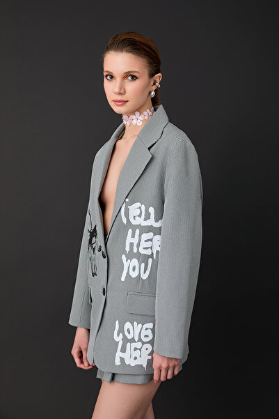 Quzu Thin Striped Print Detailed Blazer Jacket Gray