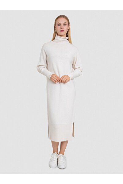 Serianno Organik Yün Ve Pamuk Karışımlı Dik Yaka Elbise Elb7092kemık