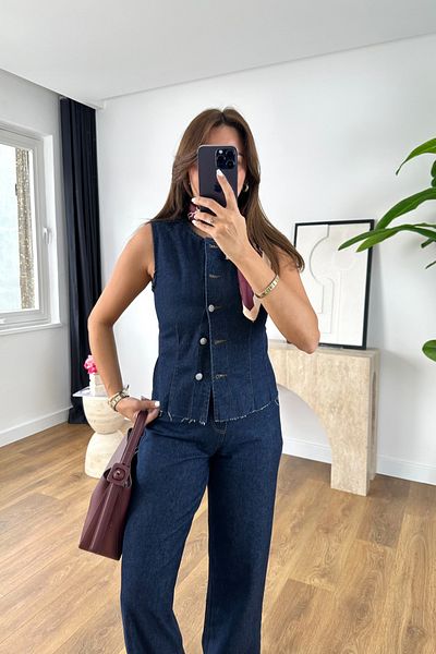BİRCANÇİL Lully Navy Blue Denim Vest Straight Trousers Set