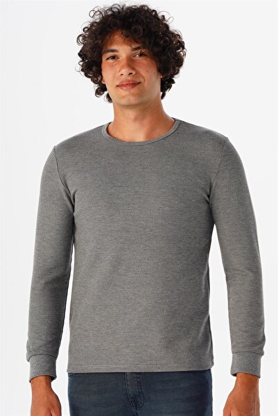 SÜVARİ Süvari O Yaka Uzun Kol Gri Waffle Desenli Slim Fit Erkek Triko