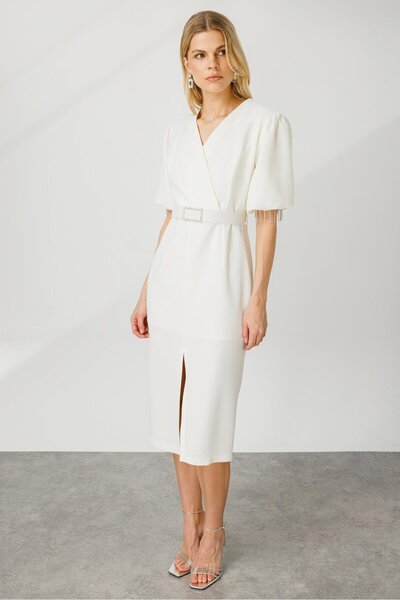 Moda İlgi Модаільгі Стрічка з камінням Балонний рукав Сукня Екрю