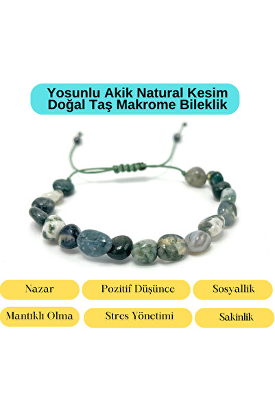 Certified Mossy Agate Natural Cut Macrame Natural Stone Bracelet Adjustable Size