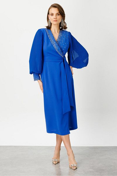 Moda İlgi Modailgi Φόρεμα με πλισέ μανίκια με πέτρινη λεπτομέρεια