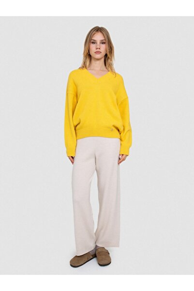 Serianno Organik Yün ve Pamuk Karışımlı V Yaka Kazak KZK6648SARI