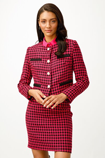 Moda İlgi Modailgi İnci Düğmeli Sıfır Yaka Ceket Fuşya