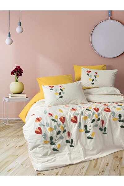 Cotton Box Súprava vyšívaných dvojitých prikrývok Ranforce Puff - Nella Mustard