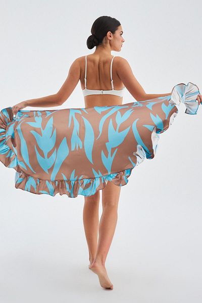 Peraluna Fusta pareo pentru femei Kalinda Skirt cu model, textura mata, cu volane de vara - turcoaz/maro