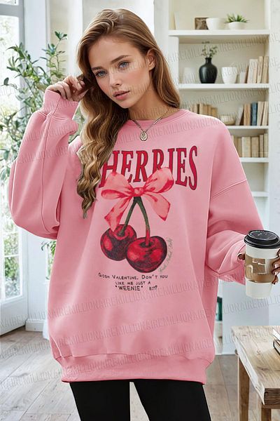 Millionaire Women's Pink Cherries Printed 0 Crew Neck Oversize Loose Loose Cut Fleece Sweatshirt