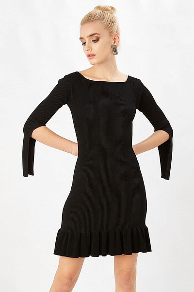 Peraluna Rochie de seara de dama cu volane cu nervuri - neagra