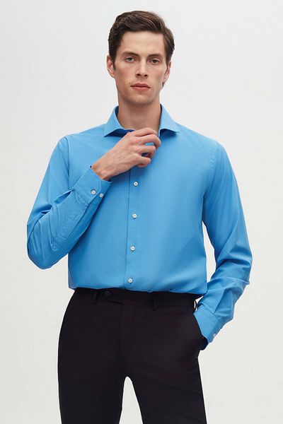 D'S Damat Риза с дълъг ръкав Slim Fit, синя, с класическа вратовръзка, лесна за гладене