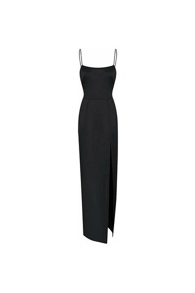 by serkan design Women's Black Satin Slit Low-cut Maxi Dress
