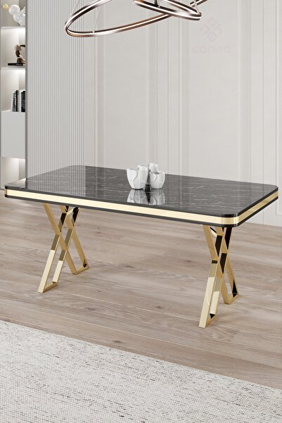 Canisa Vals Serisi 80x130 Lak Panel Sabit Masa Siyah Mermer Desen Gold Ayaklı