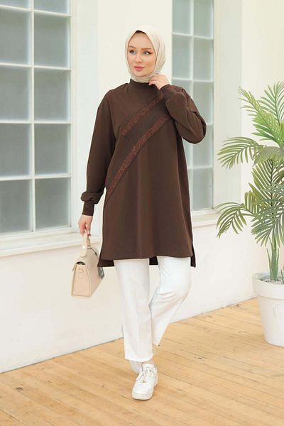 Armine Ribbed Handles Glitter Detailed Tunic Bitter Brown 24Kt418