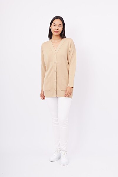 Peraluna Nıcola Long Cardıgan Cepli Klasik Kesim V Yaka Uzun Kadın Triko Hırka - Bej