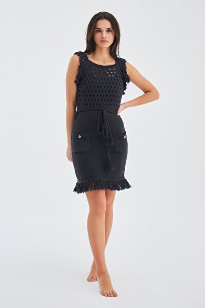 Peraluna Mıyokı Dress %100 Pamuk Diz Hizası Yazlık Kadın Triko Elbise - Antrasit