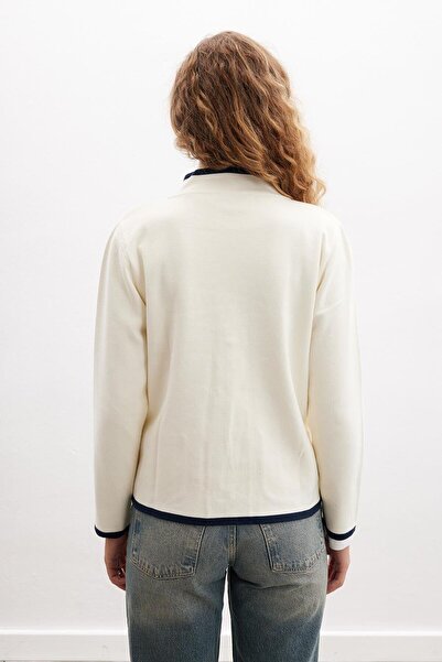 Peraluna Ecru Colored Summer Cardigan - Organic Cotton Steel Knitted Summer Women's Knitwear Cardigan with Zipper and Pockets