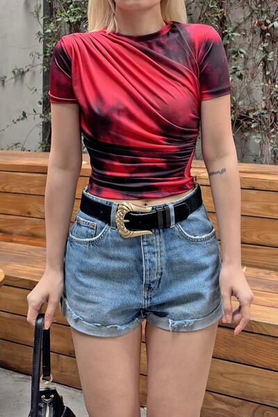 Swist Kırmızı Julia Batik Desen Omuz ve Bel Drapeli Kadın Crop Bluz