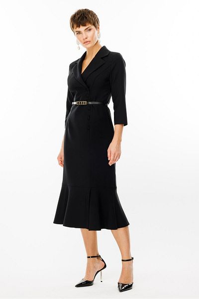 Moda İlgi Black Midi Length Double Breasted Closure and Flounce Belt Dress - Modailgi