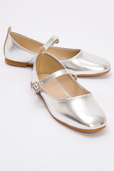 Ccway Γυναικείες μπαλαρίνες Silver Belted Stoned Blunt Toe