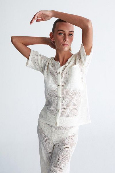 Peraluna Emma Ecru Women's Knitwear Cardigan - Cardigan Lace Knit, Wide Cut, Short Sleeve