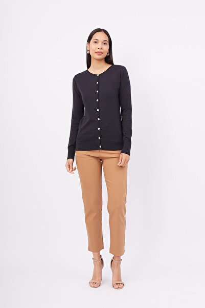 Peraluna Mıla Cardıgan Bisiklet Yaka Basic Pamuklu Kadın Triko Hırka - Siyah