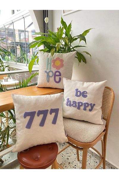 RahanDesign Be Happy 777 - Hope Patterned Throw Pillow Cover 43X43Cm - Set of 3