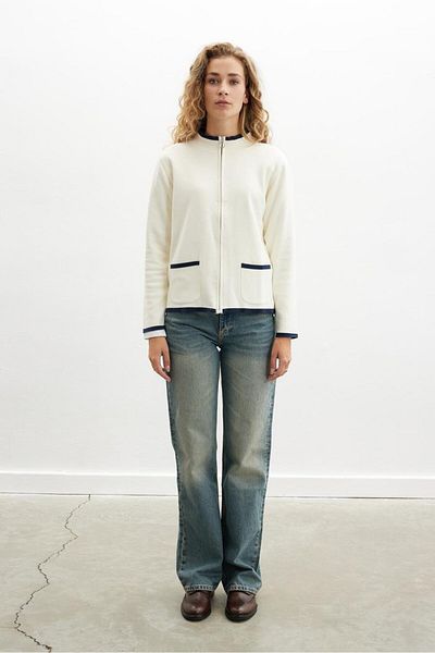 Peraluna Cardigan de vară de culoare ecru - Cardigan de vară tricotat de oțel din bumbac organic pentru femei, cu fermoar și buzunare